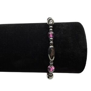 Gray Hematite Purple Glass Beaded Bracelet Stretch Band Fashion Jewelry